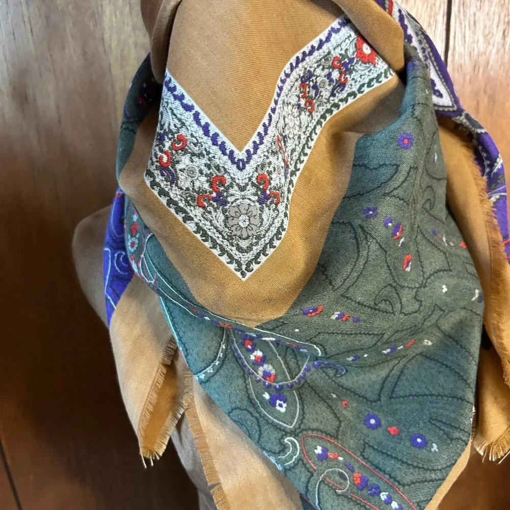 Vintage Express Square Scarf with Brown, Blue &‎ Maroon Pattern